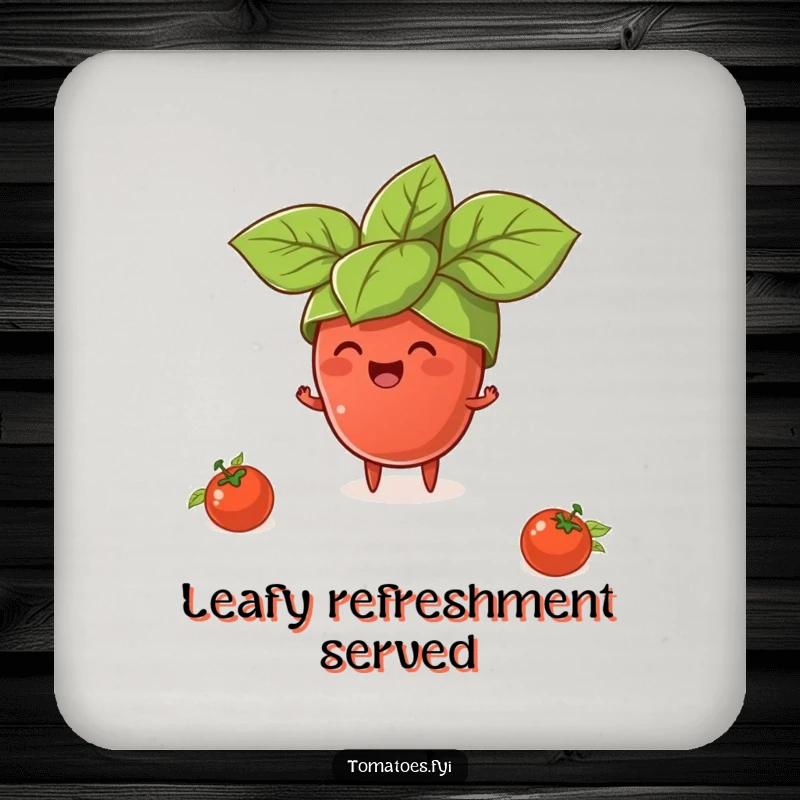 Funny coaster set depicting a tiny tomato character wearing a giant basil leaf hat, for humorous foodie protection.