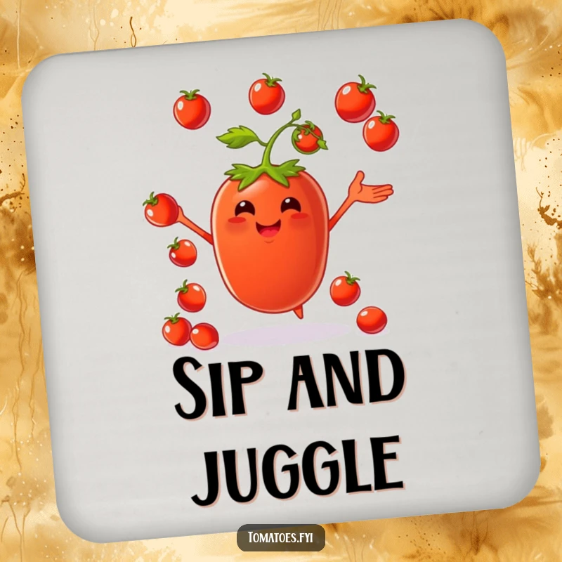 Funny drink coasters with a happy tomato character juggling small cherry tomatoes, adding a playful touch.