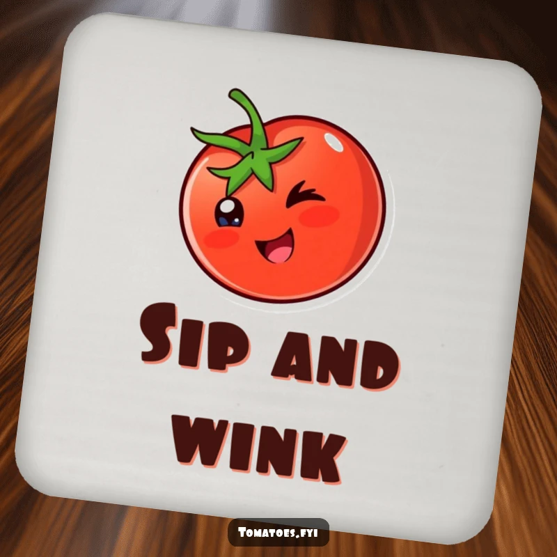 Funny Drink Coasters: A happy tomato character winks playfully, protecting tables with cheerful, cheeky art.