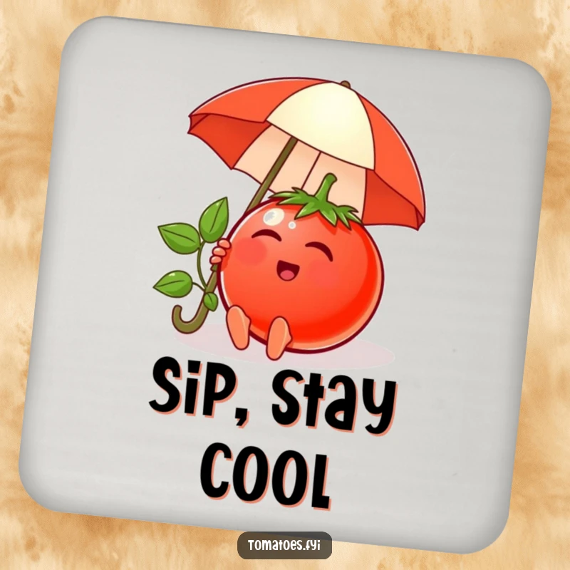 Funny drink coasters with a content tomato character relaxing under a tiny umbrella, protecting surfaces with charm.