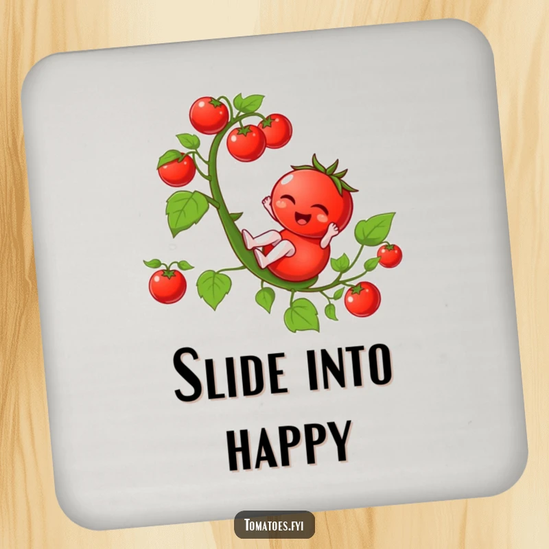 Funny winking tomato character sliding down a tomato vine, protecting surfaces on a funny drink coaster.