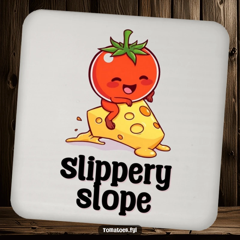 Funny kawaii tomato character hilariously attempting to ride a melting cheese slice on a drink coaster.