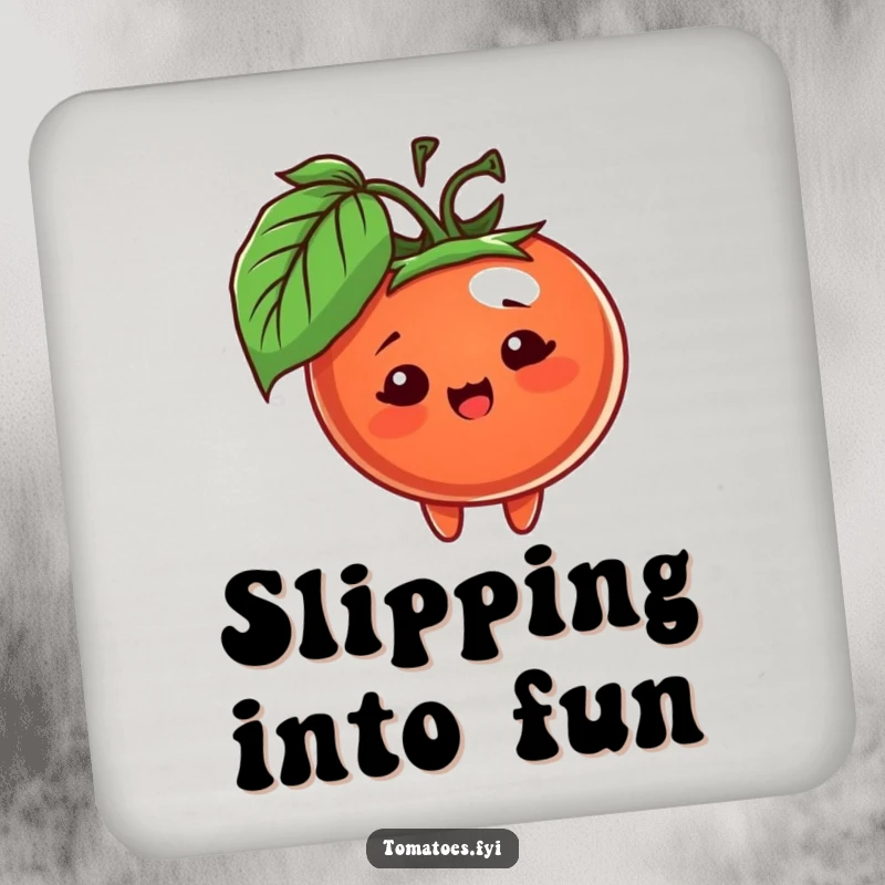 Funny drink coaster featuring a cheerful tomato character peeking from behind a leaf, offering protection and playful charm.