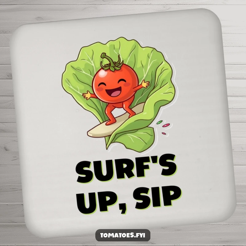 Funny grinning tomato character surfing on a giant lettuce leaf, on a cool and funny coaster.