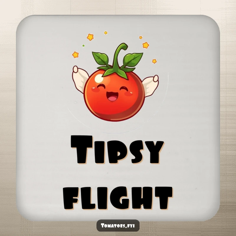 Funny joyful tomato character with tiny wings flying in a circle on a round drink coaster.