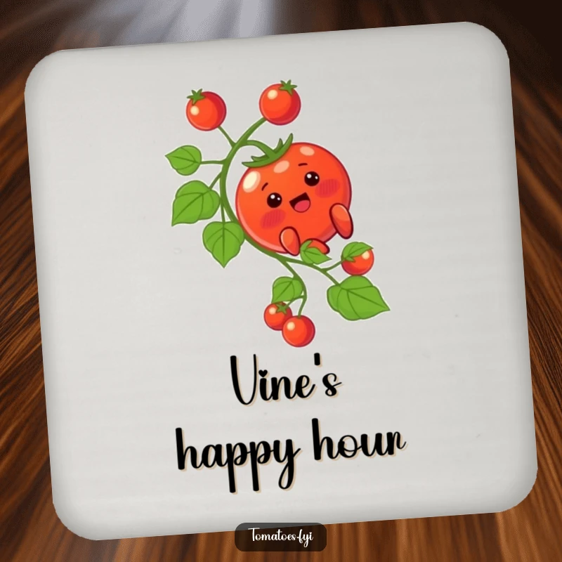 Funny Coaster: A blushing tomato character slides down a vine. A funny gift.