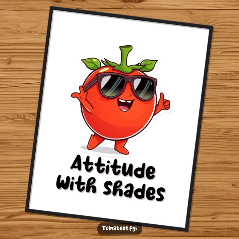 Funny tomato character wearing sunglasses and striking a cool pose, as stylish and funny wall art.