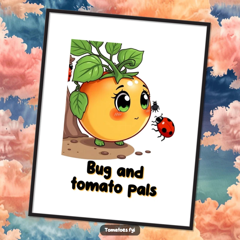 Funny Poster showcasing a curious tomato character with wide eyes, sniffing a ladybug, a heartwarming and humorous piece of wall art.