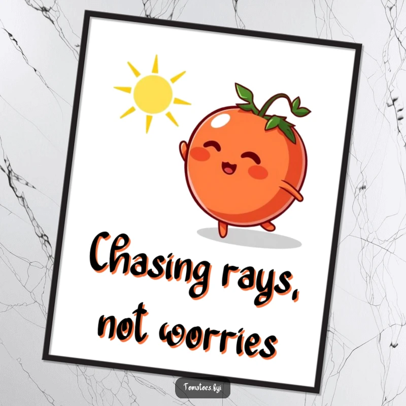Funny poster showcasing a cartoon tomato gleefully chasing a dancing sunbeam, bringing whimsical energy and bright cheer to any wall.