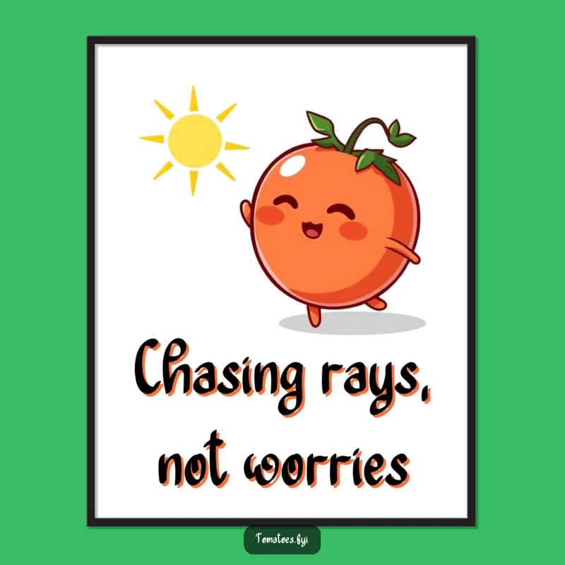 Funny Tomato Chasing Sunbeam Poster - Whimsical Cartoon Wall Art Gift