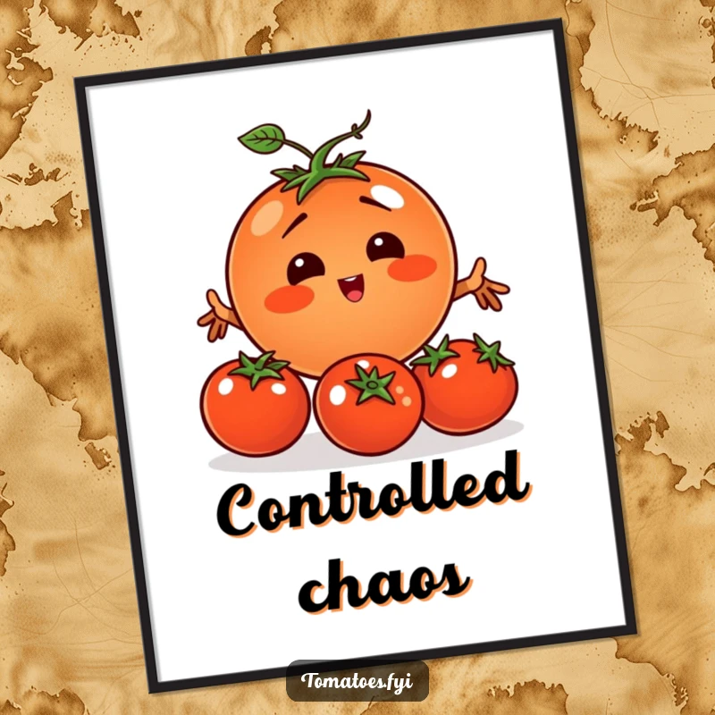 Funny tomato character attempting to juggle three smaller tomatoes, displayed on a vibrant wall poster.