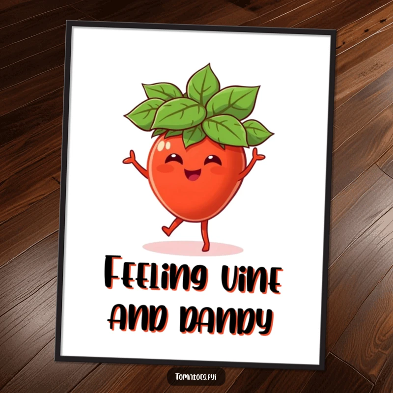Funny poster showcasing a happy tomato character wearing a tiny leaf hat, captured in a moment of joyful, energetic dance.