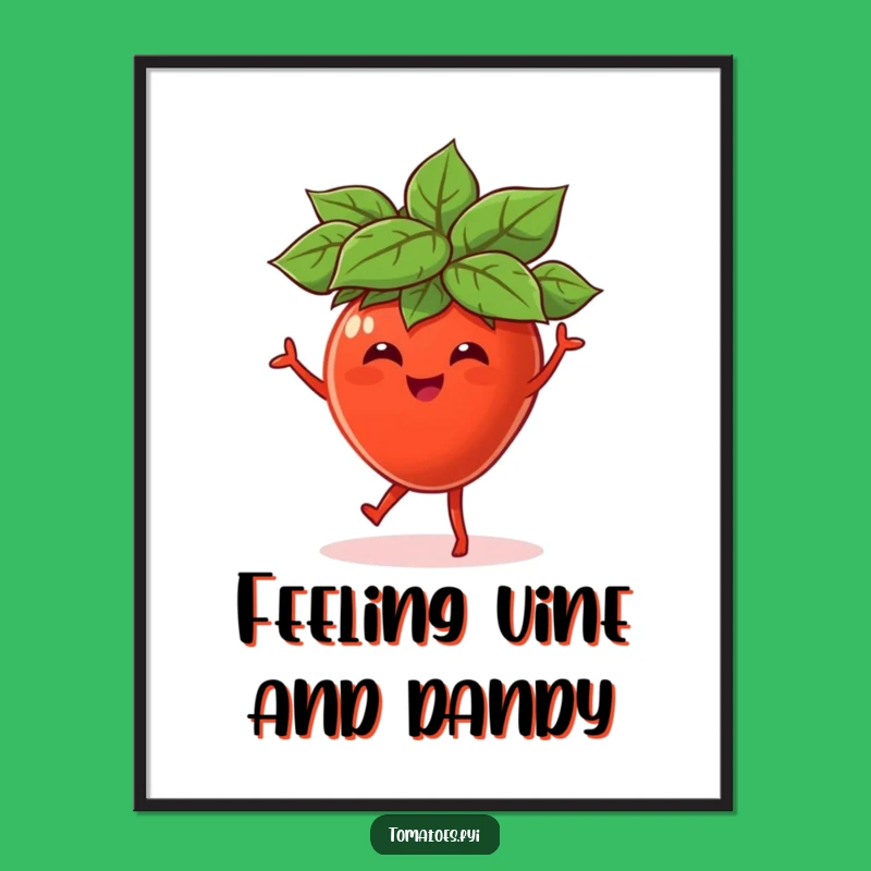 Funny Dancing Tomato Leaf Hat Poster, Joyful Veggie Art Print, Whimsical Funny Gift