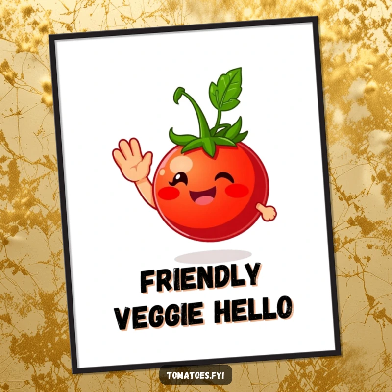 Funny poster of a smiling tomato character giving a friendly wave, creating a cheerful and humorous piece of wall art.