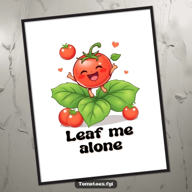 Funny Poster: A baby tomato character bounces on a large leaf. A funny gift.