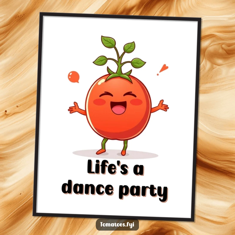 Funny poster depicting a giggling tomato in a whimsical, silly dance, bringing vibrant humor and color to any room.