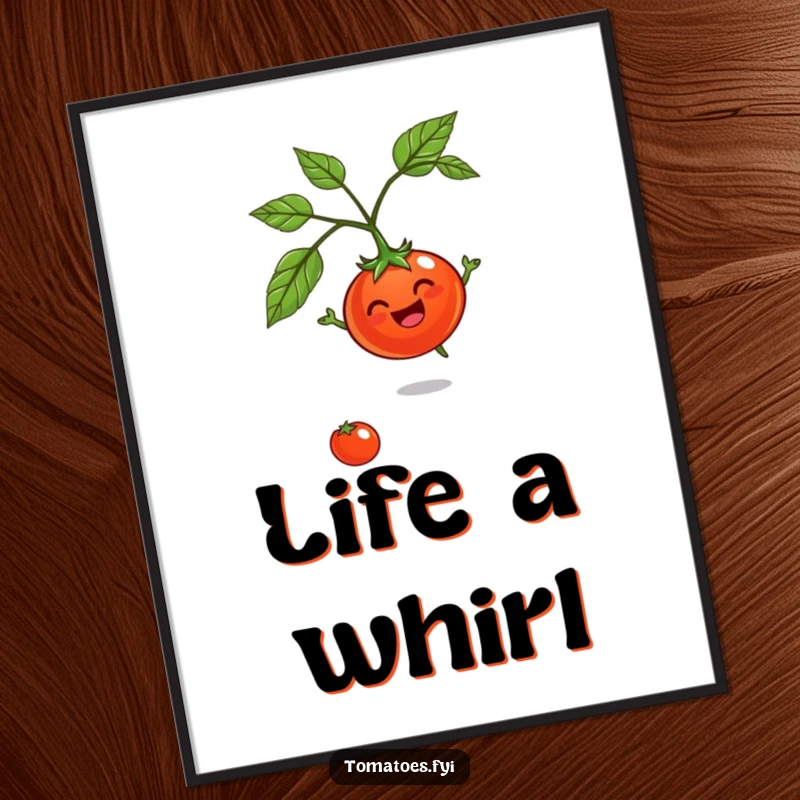 Funny Jovial Tomato Poster: A spinning tomato character radiating happiness, captured as vibrant wall art.