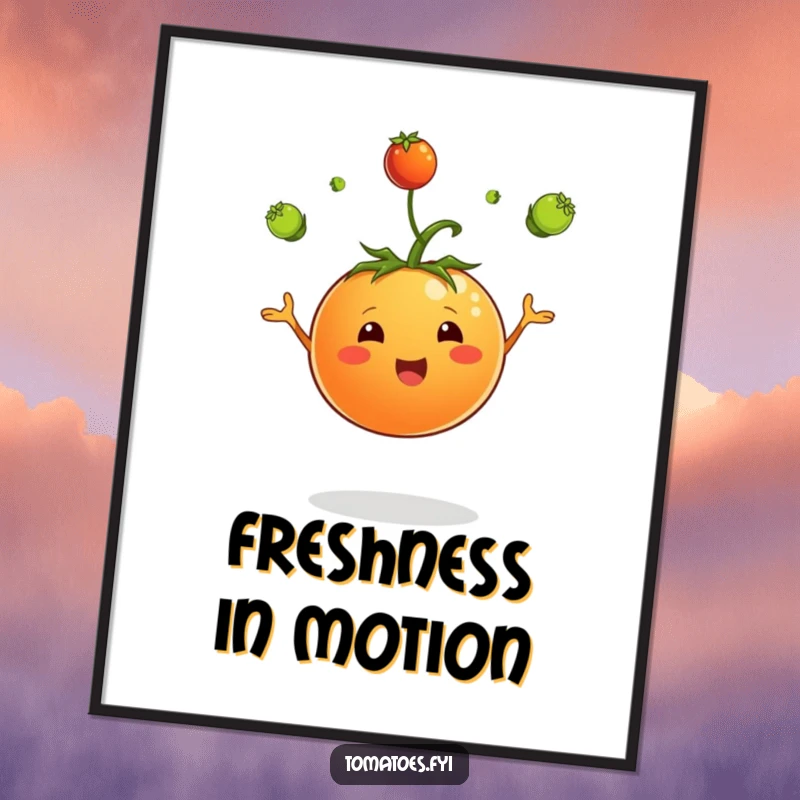 Funny poster of a jubilant tomato character performing a juggling act with tiny green sprouts, adding whimsical charm.