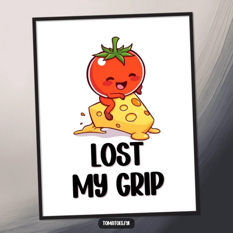 Funny kawaii tomato character hilariously attempting to ride a melting cheese slice, framed as funny wall art.