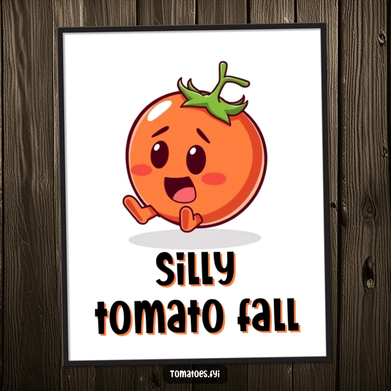 Funny Poster showcasing a surprised tomato character comically tumbling with a happy smile, a humorous and whimsical piece of wall art.