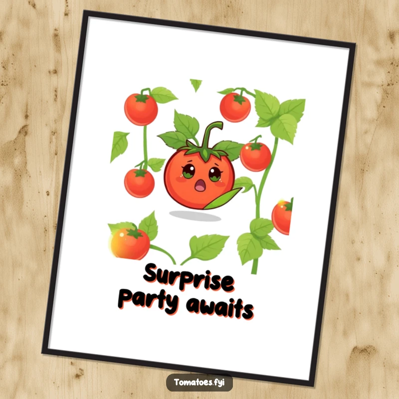 Funny Surprised Tomato Poster: A surprised tomato character emerging from a leaf, captured in playful wall art.