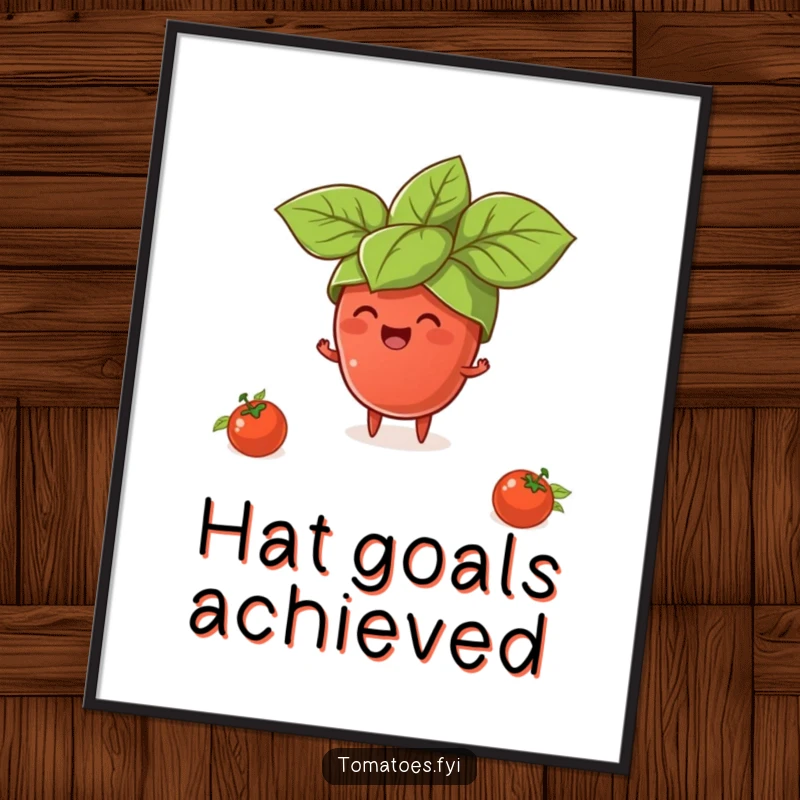 Funny poster of a tiny tomato character gleefully trying to wear a giant basil leaf hat, whimsical food art.