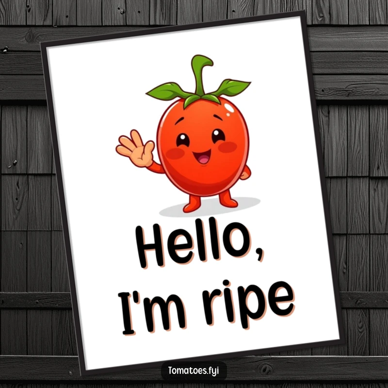 Funny poster featuring a vibrantly illustrated tomato character giving a big, friendly wave with an infectious smile.