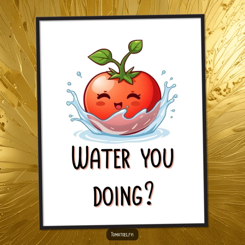 Funny poster capturing a tomato character in a dynamic splash of water, full of energy and wet, playful fun.