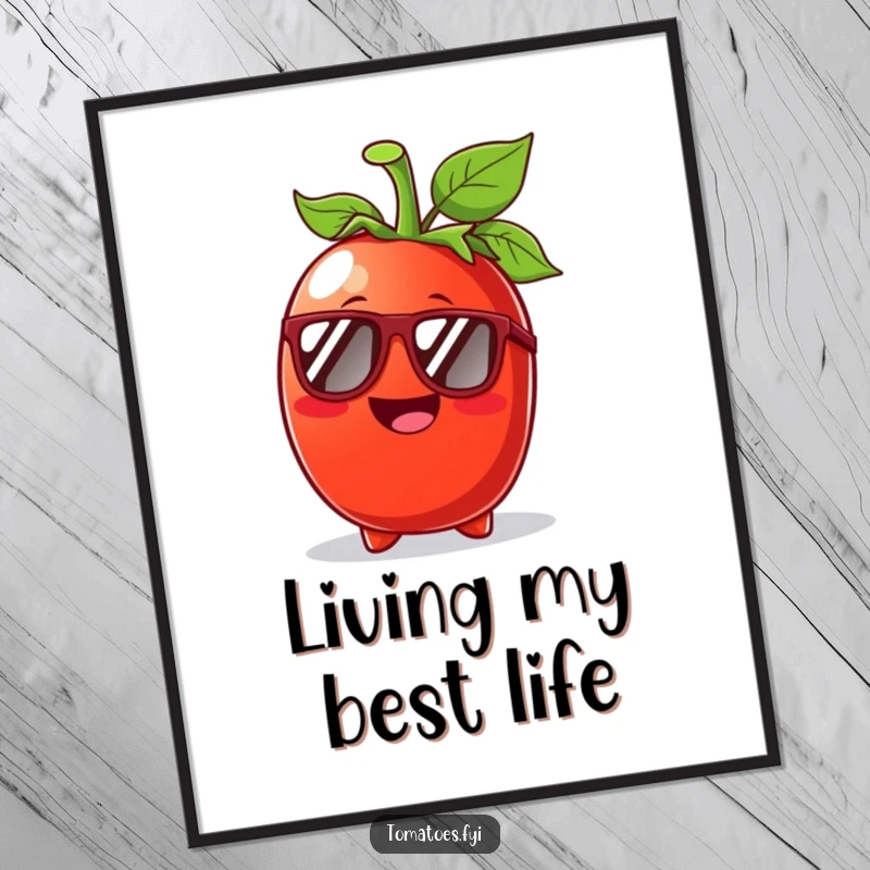 Funny Tomato Sunglasses Poster: A beaming tomato character in sunglasses on a sunny day, bringing cheerful vibes.