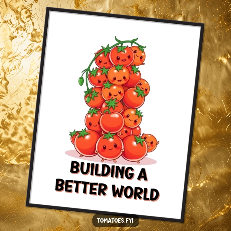 Funny tomato characters attempting to build a tower of cherry tomatoes on this poster, a humorous piece of art.