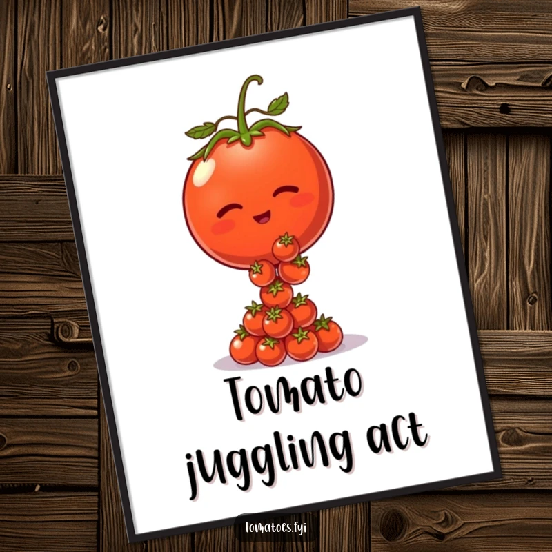 Funny poster of a winking tomato character balancing a pile of tiny tomatoes, adding humor to wall decor.
