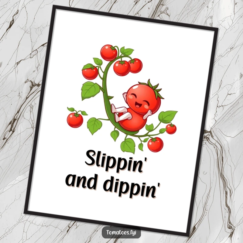 Funny winking tomato character hilariously sliding down a vibrant tomato vine, presented as funny wall art.