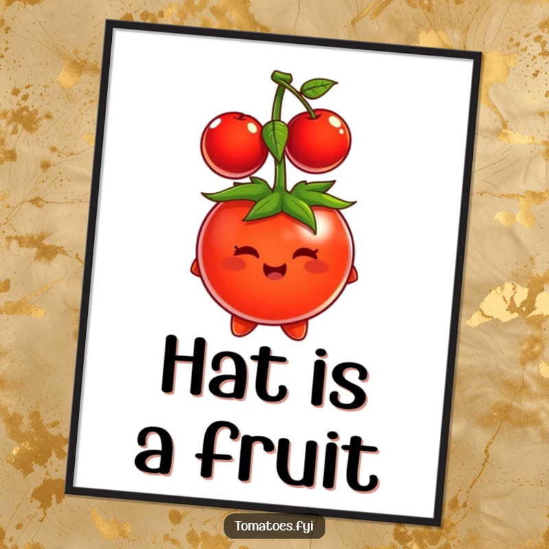 Funny tomato character comically attempting to wear a cherry as a hat, displayed as a colorful poster.