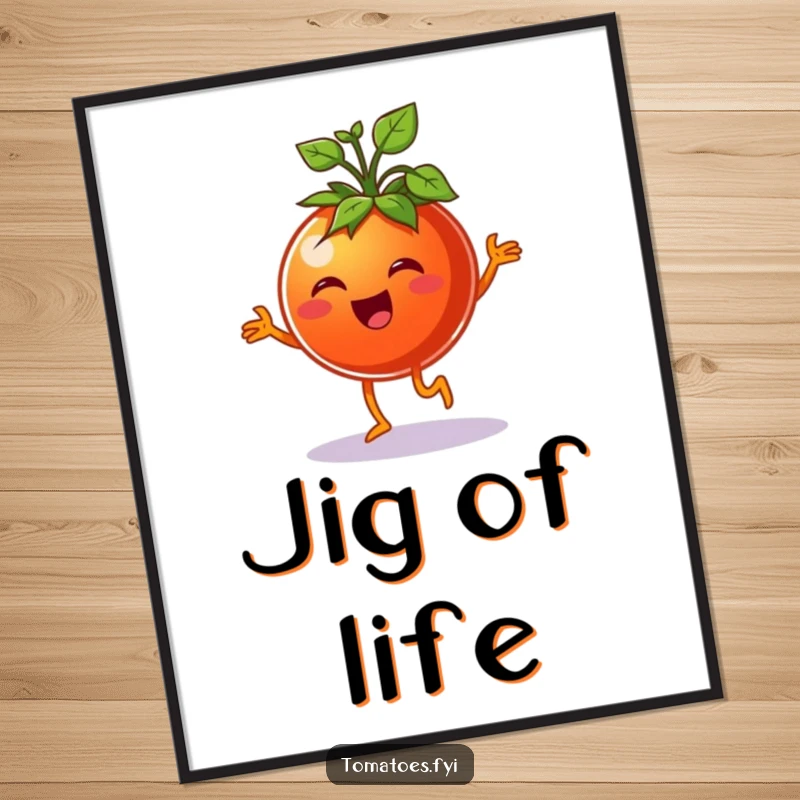 Funny cheerful tomato character doing a happy jig with leafy green sprouts, as funny wall art.