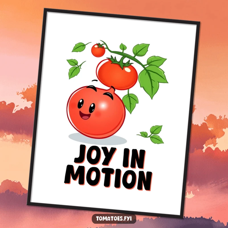Funny tomato poster featuring a smiling tomato character joyfully rolling down a vine, capturing a moment of pure, unadulterated fun.