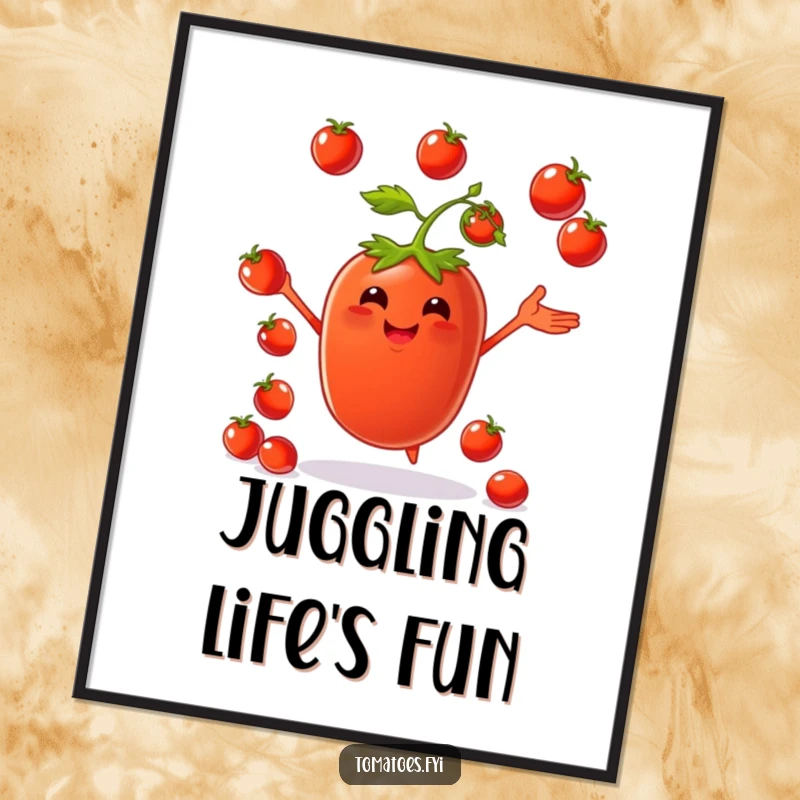 Funny poster of a happy tomato character skillfully juggling small red cherry tomatoes in a lively display.