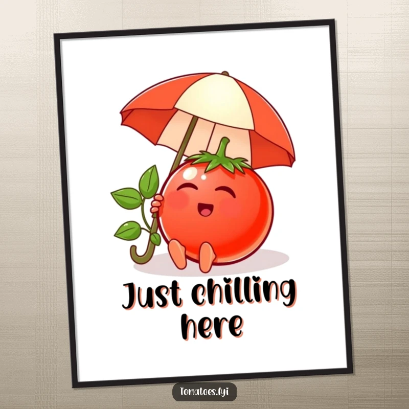 Funny poster of a content tomato character relaxing under a tiny umbrella, ideal for creating a peaceful and humorous ambiance.