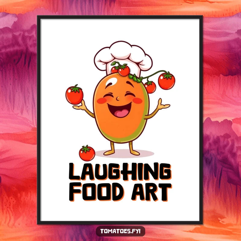 Funny laughing chef tomato poster, wearing a hat and juggling cherry tomatoes, humorous wall art.