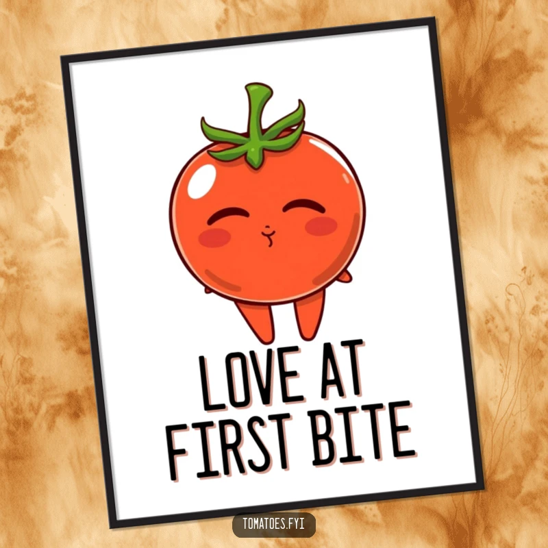 Funny poster showcasing a tomato character puckering its lips to blow a small, adorable kiss.