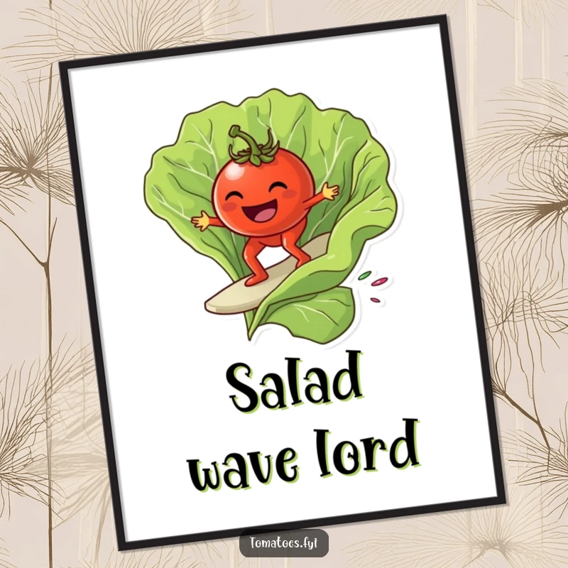 Funny grinning tomato character surfing on a giant lettuce leaf, as vibrant and funny wall art.