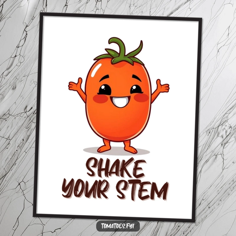 Funny poster of a grinning tomato character doing a disco dance, adding vibrant energy and humor to wall decor.