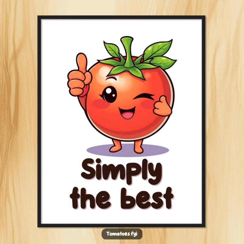 Funny poster artwork of a tomato character giving a winking eye and a confident thumbs up, exuding positivity and approval.
