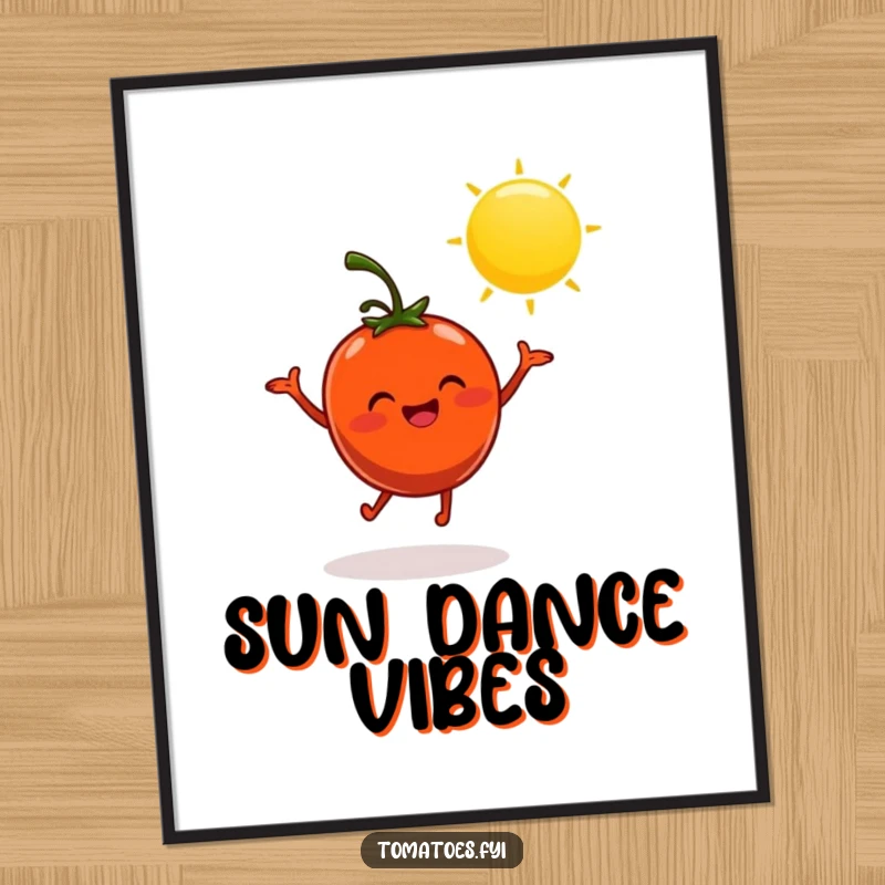 Funny poster featuring a cheerful tomato character dancing in the sun, adding vibrant and humorous decor.