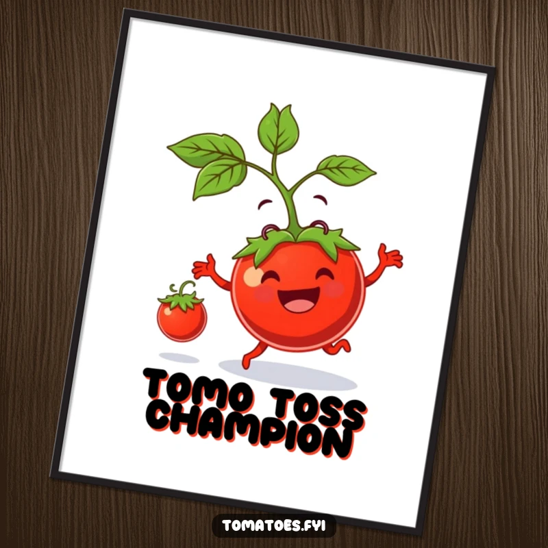 Funny poster artwork shows a smiling tomato parent bouncing a smaller tomato, creating a humorous and heartwarming scene of parental joy.