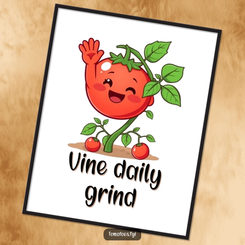 Funny poster of a smiling tomato waving from a vine, a vibrant and humorous piece of wall art for any room.