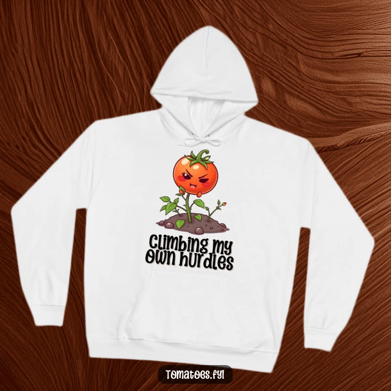 Funny hoodie showing a determined cartoon tomato making a valiant effort to climb a small weed, perfect for cozy motivation.