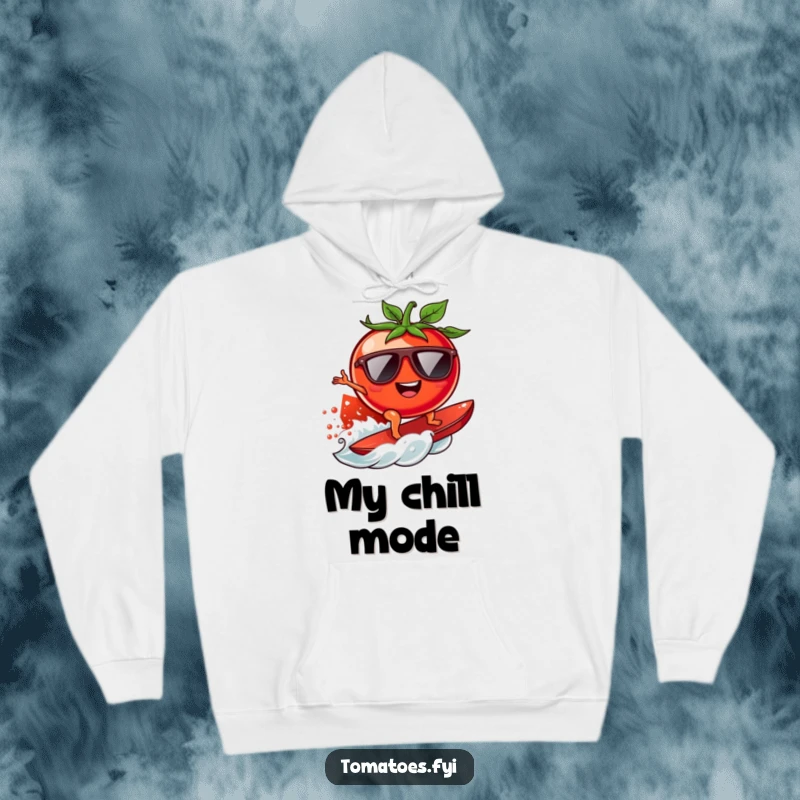 Funny surfing tomato hoodie featuring a cool tomato with sunglasses riding a juicy tomato wave, offering cozy comfort and cool style.