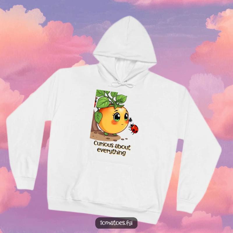 Funny Hoodie featuring a curious tomato character with wide eyes, sniffing a ladybug, perfect for comfortable and whimsical wear.
