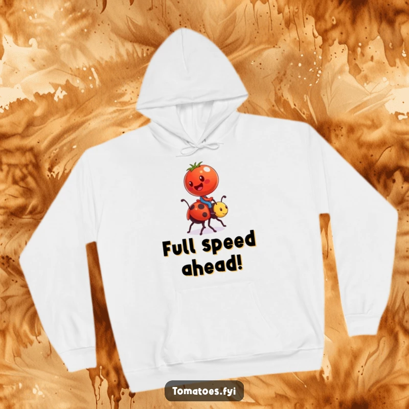 Funny hoodie illustration of a tomato character comically riding a ladybug like a tiny steed, emphasizing whimsical travel and humor.