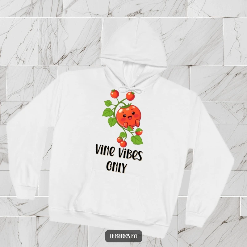 Funny Hoodie: A sweet blushing tomato mascot enjoys a smooth slide down a leafy vine. A funny gift.